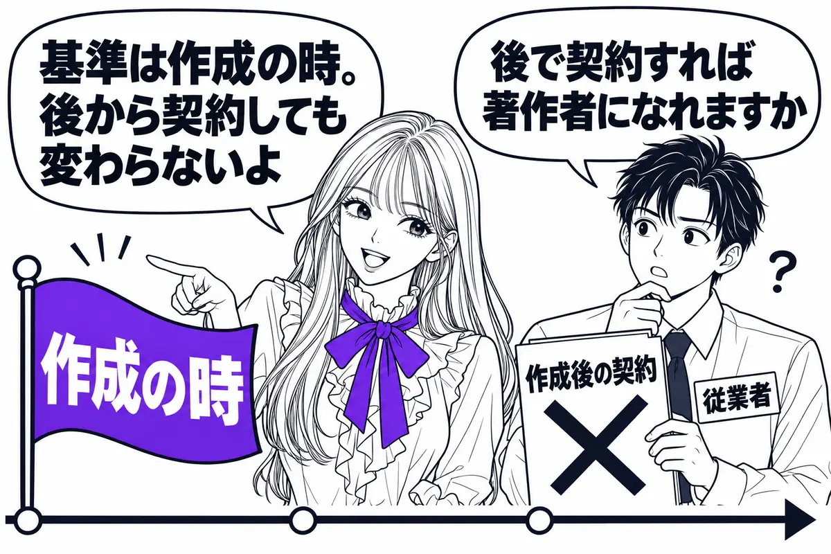 別段の定めは作成の時が基準なので、作成した後に契約しても職務著作の効果は変わらない