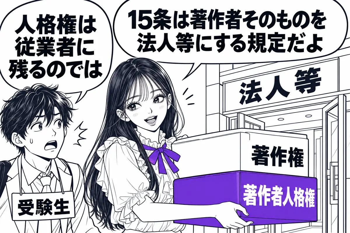 職務著作では法人等が著作者になるので、著作権だけでなく著作者人格権も最初から法人等が持つ