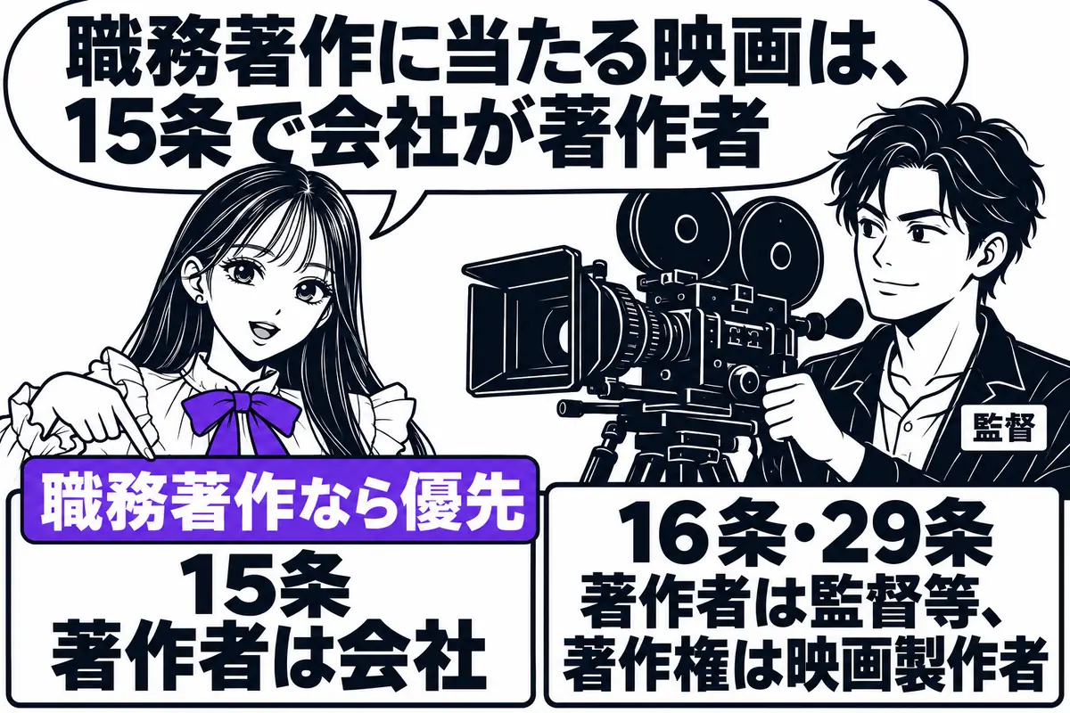 職務著作に当たる映画は15条が優先し、16条・29条ではなく会社そのものが著作者になる