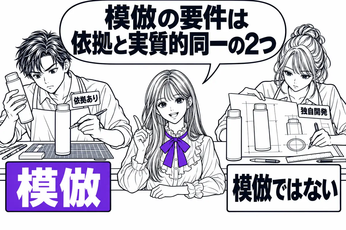 模倣は他人の商品の形態に依拠し、実質的に同一の形態の商品を作り出すことで、独自開発で似ただけなら当たらない