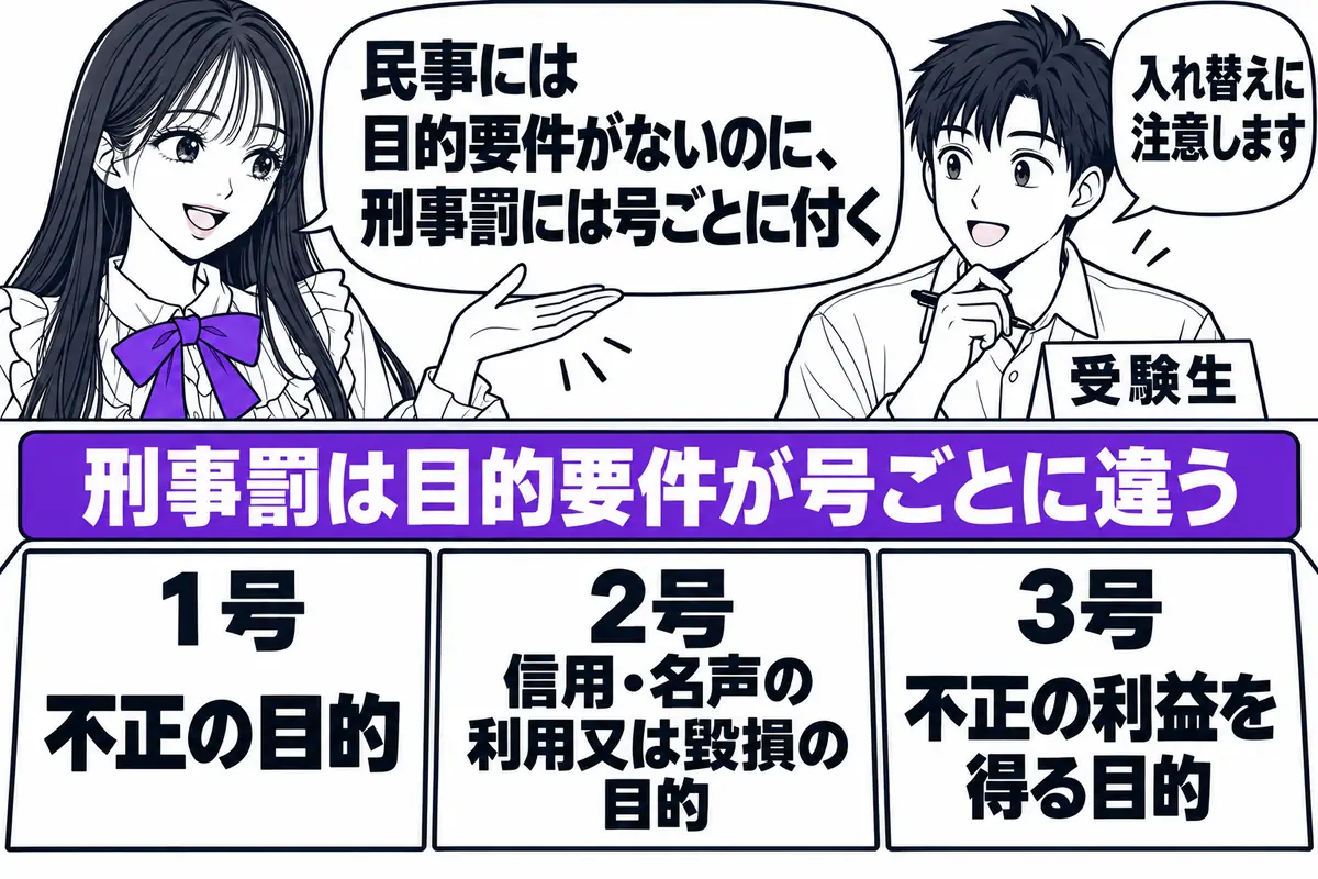 1号から3号の刑事罰は号ごとに目的要件が違い、1号は不正の目的、2号は信用・名声の利用又は毀損の目的、3号は不正の利益を得る目的