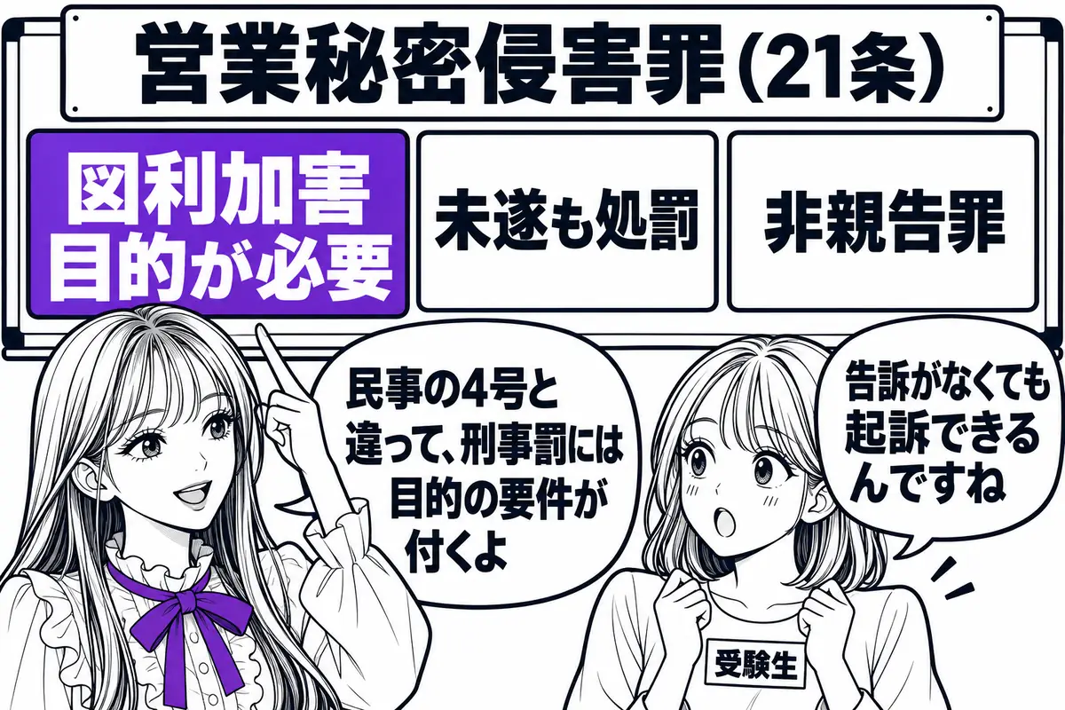 営業秘密侵害罪は図利加害目的が必要で、未遂も処罰され、告訴がなくても公訴を提起できる