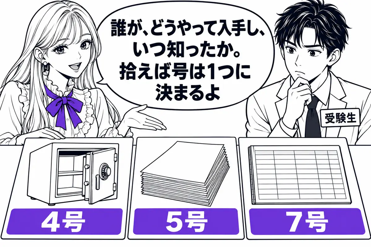 枝の事例から入手の経路と主観を拾えば号は1つに決まり、盗み出せば4号、盗まれた物と知って買えば5号