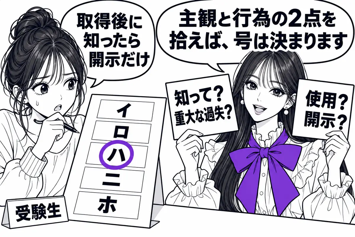枝の事例から主観と行為を拾い、「知って」か「重大な過失」か、使用か開示かを確かめる