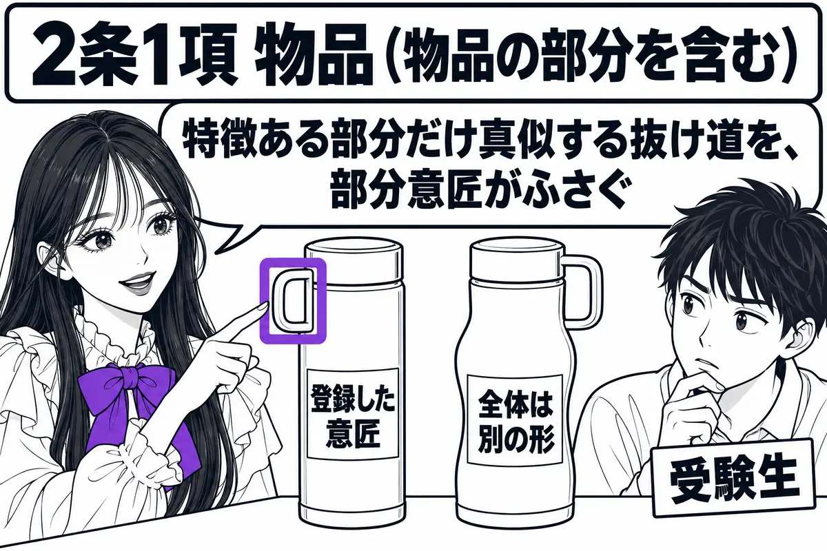 部分意匠は、特徴のある一部分だけを真似して全体の形を変える抜け道をふさぐ制度で、根拠は2条1項の括弧書き