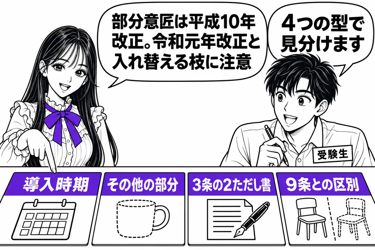 部分意匠の枝は導入時期、「その他の部分」の扱い、3条の2ただし書の要件、9条との区別の4つの型で作られる