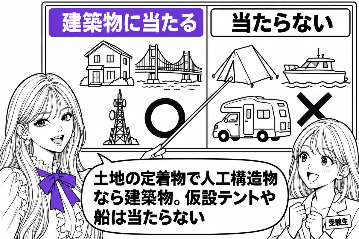 意匠法上の建築物は土地の定着物かつ人工構造物で、仮設テントや船舶、キャンピングカーは当たらない
