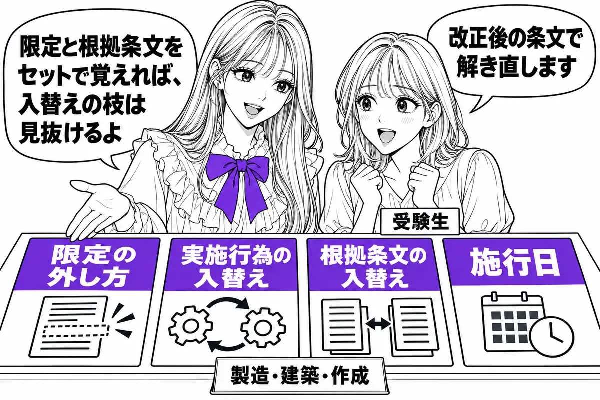 改正の枝は限定の外し方、実施行為の入替え、根拠条文の入替え、施行日の4つの型で作られる
