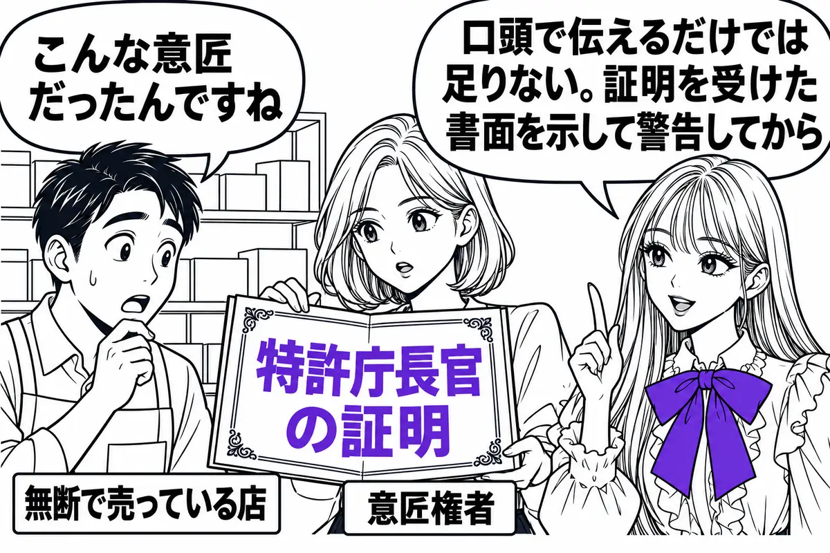 秘密意匠の差止請求は、特許庁長官の証明を受けた書面を提示して警告した後でなければできない