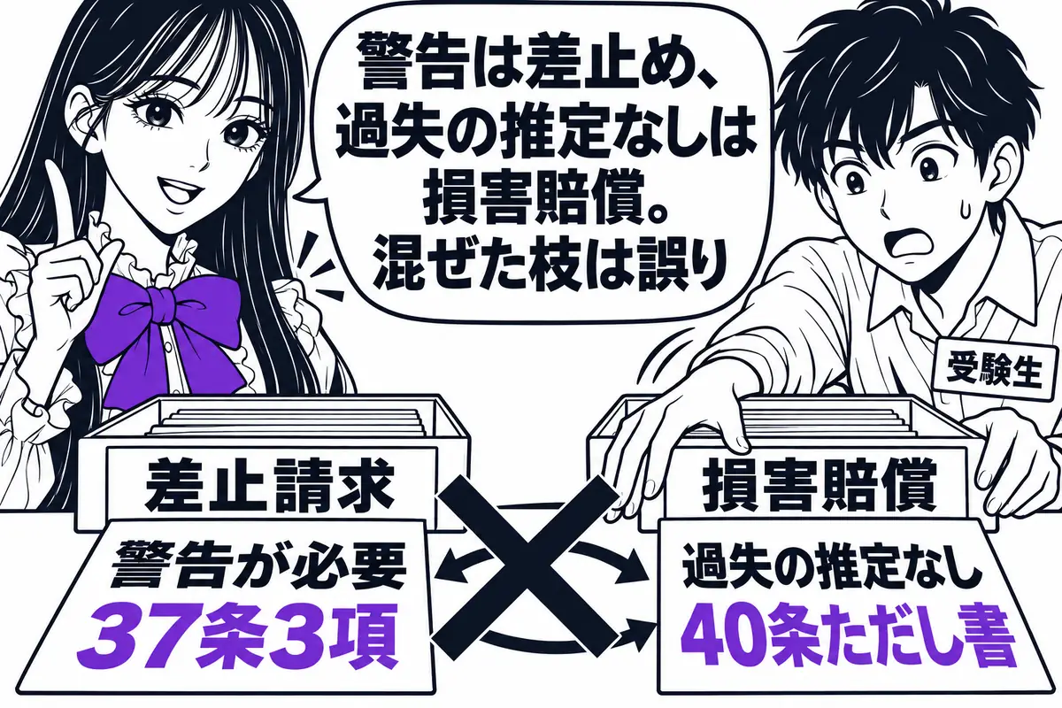 警告は差止請求の前提、過失の推定がないのは損害賠償の場面で、この2つを混ぜた枝は誤り