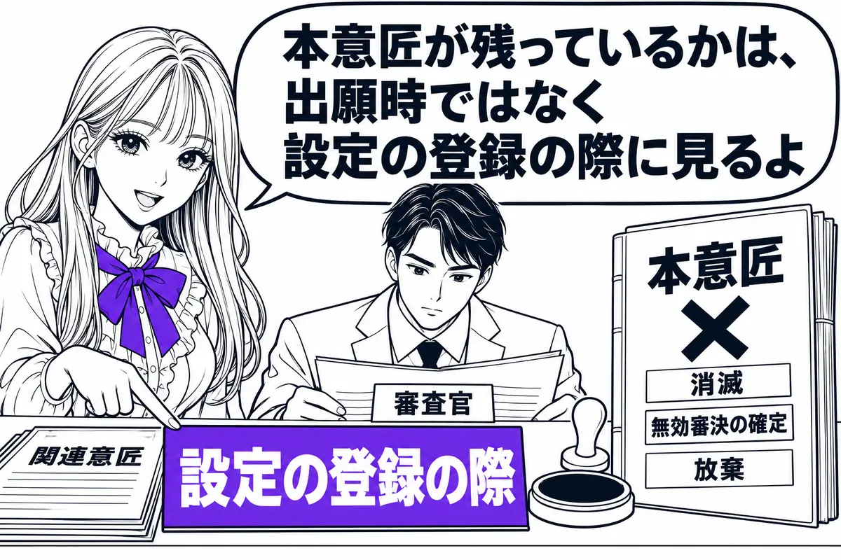 本意匠が消滅・無効審決の確定・放棄となっているかは、関連意匠の出願時ではなく設定の登録の際に判断する