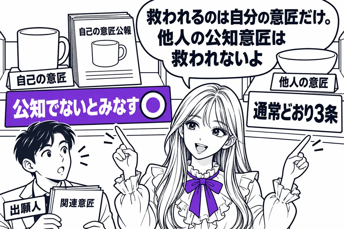 自分の公報や製品で公知になった本意匠と同一・類似の意匠は、関連意匠の審査では公知でないとみなされる