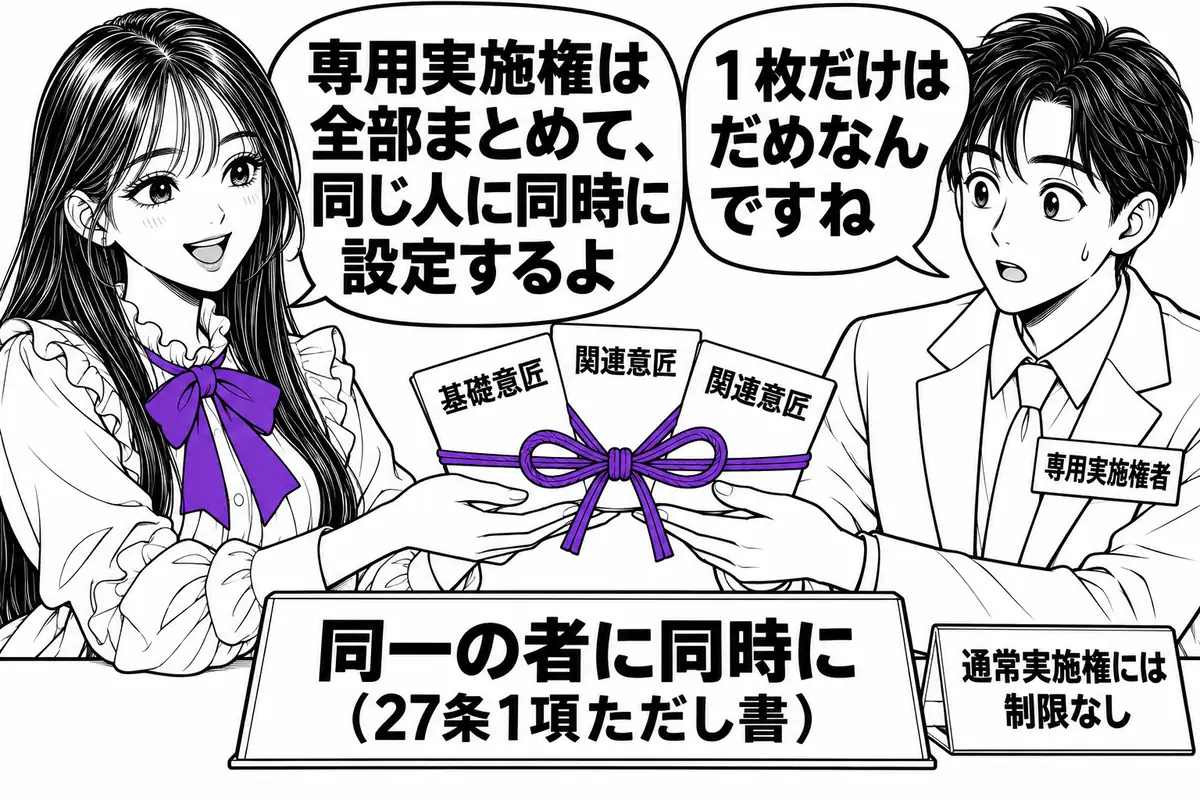 基礎意匠と関連意匠の専用実施権は、すべての意匠権について同一の者に同時に設定する場合に限り設定できる