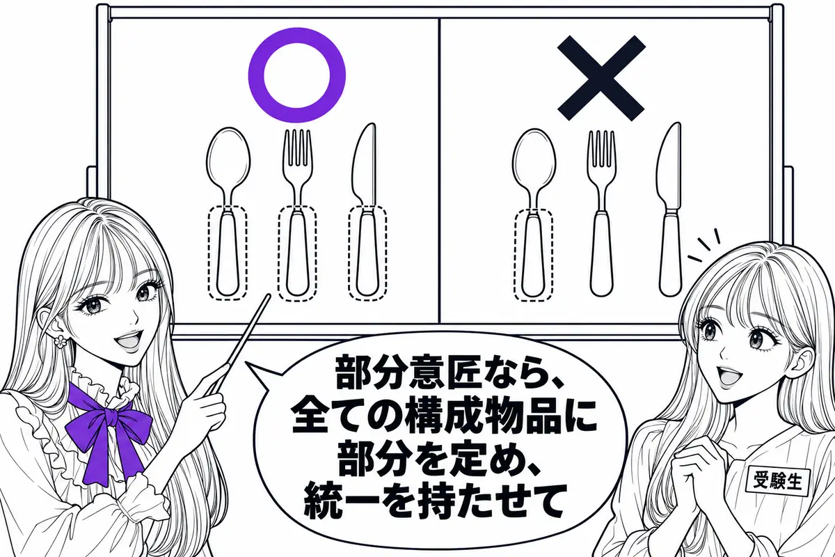 組物の部分意匠は、全ての構成物品等に意匠登録を受けようとする部分があり、その部分同士に統一があることが必要