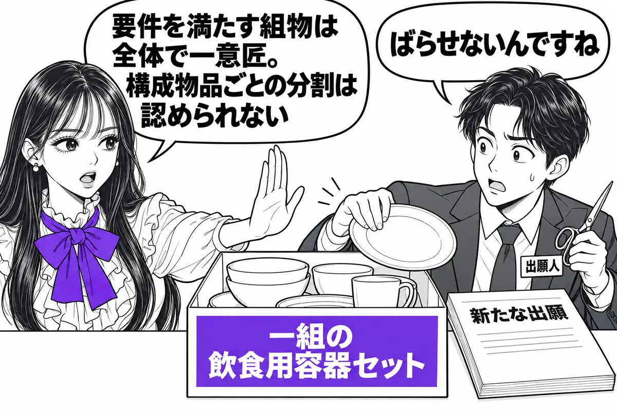 8条の要件を満たす組物の意匠は全体で一意匠なので、構成物品等ごとに分けても適法な分割とは認められない