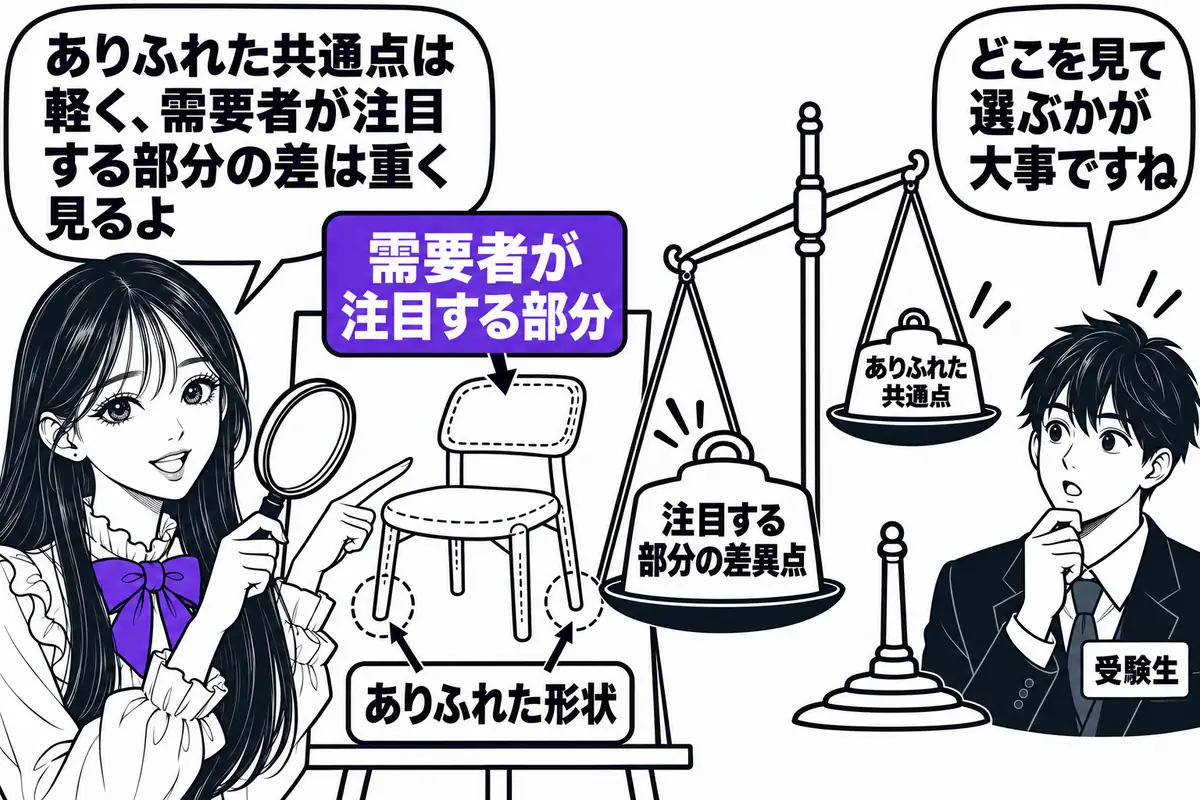 ありふれた形状等の共通点は類否にほとんど影響せず、需要者が注目する部分の差異点は大きく影響する