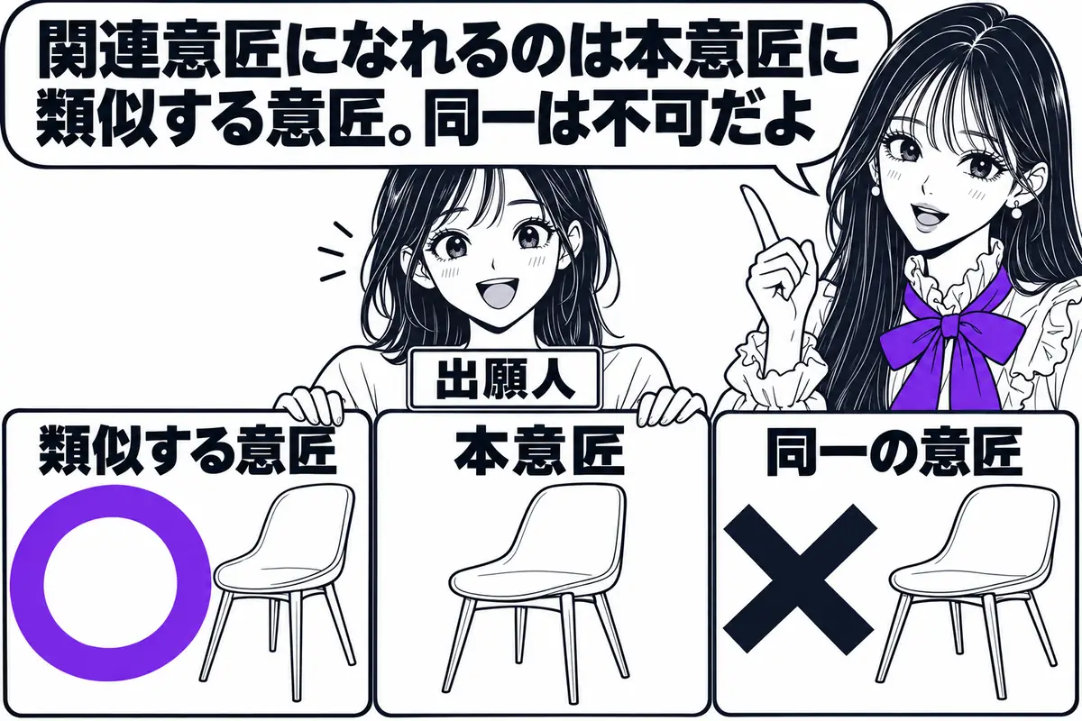 関連意匠になれるのは自己の本意匠に類似する意匠で、本意匠と同一の意匠は関連意匠にならない