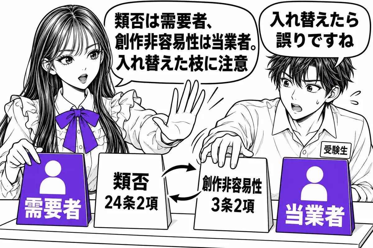 類否は需要者、創作非容易性は当業者が判断の主体で、入れ替えた枝は誤り