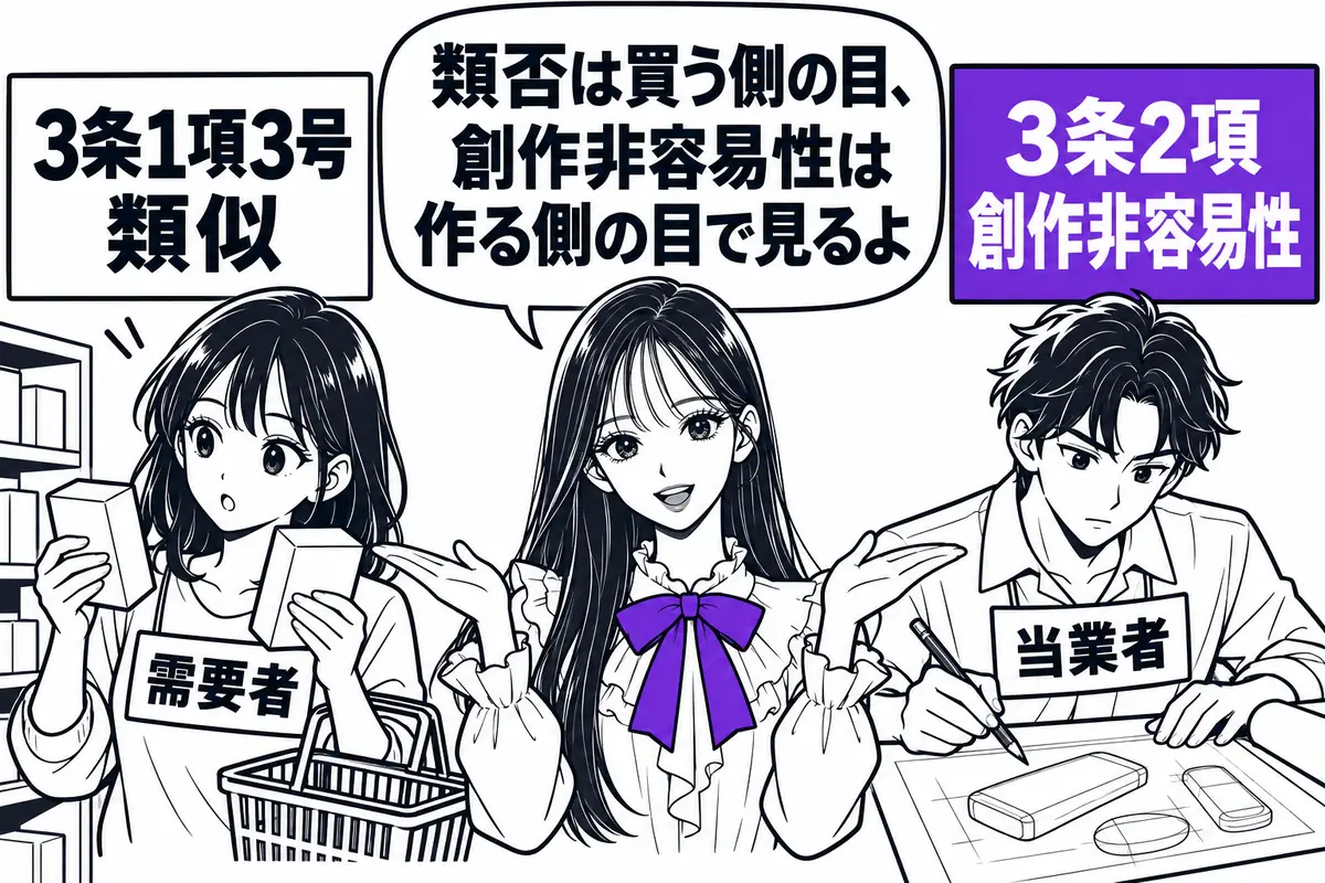 類否は買う側の需要者の目で、創作非容易性は作る側の当業者の目で判断する
