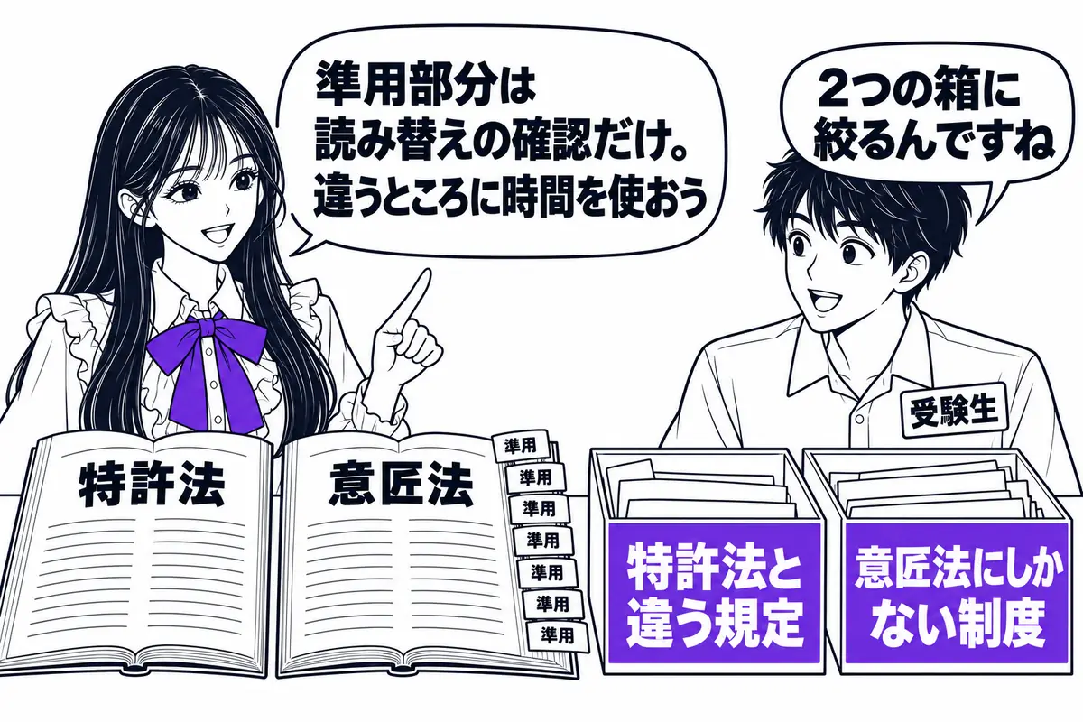 意匠法は特許法の準用が多いので、特許法と扱いが異なる規定と意匠法にしかない制度に時間を使う