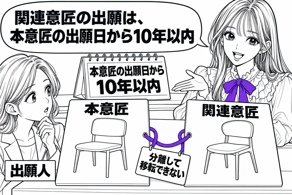 関連意匠は本意匠の出願日から10年以内に出願でき、本意匠と分離して移転することはできない