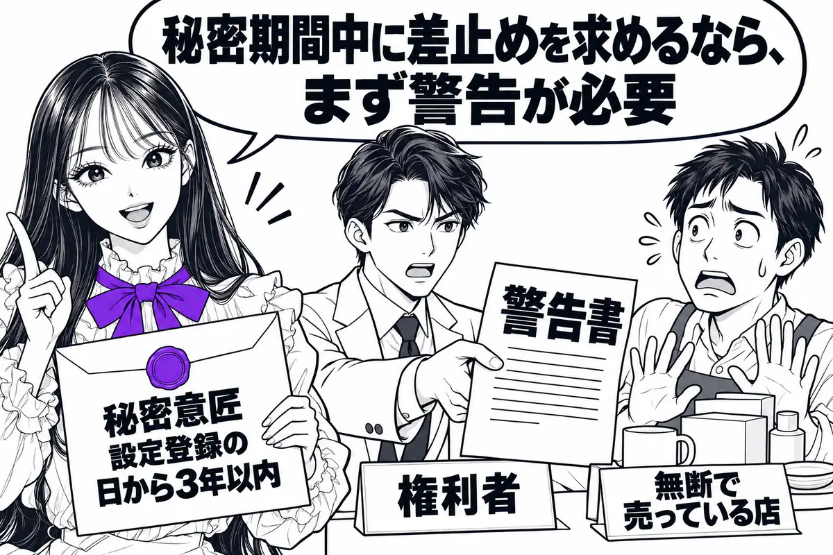 秘密意匠は設定登録の日から3年以内の期間を指定して請求でき、秘密期間中の差止請求には警告が必要
