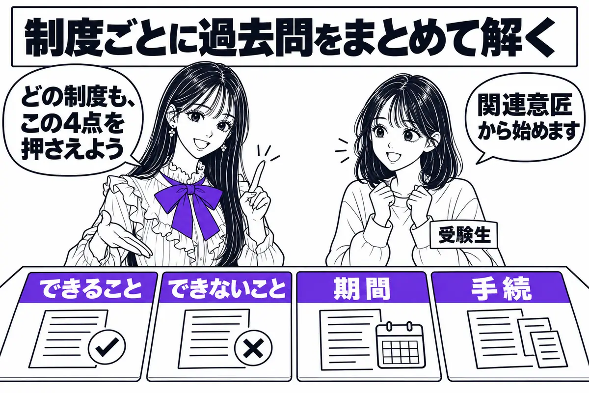 独自制度は制度ごとに過去問をまとめて解き、できること・できないこと・期間・手続の4点を押さえる