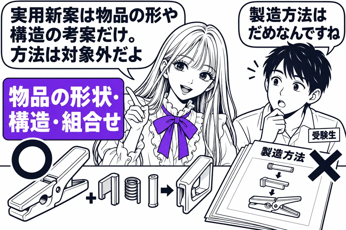 実用新案の対象は物品の形状・構造・組合せに係る考案で、方法の考案は登録を受けられない