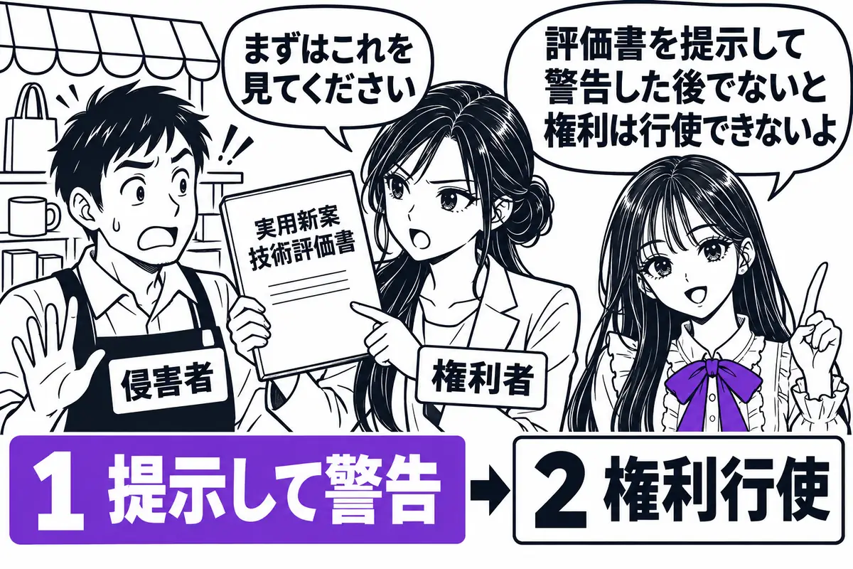 実用新案権者は、技術評価書を提示して警告した後でなければ侵害者に権利を行使できない