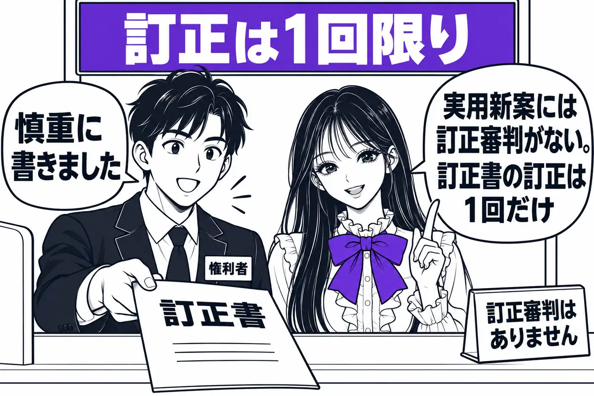 実用新案法に訂正審判はなく、訂正は権利者が訂正書を出して原則1回に限りできる