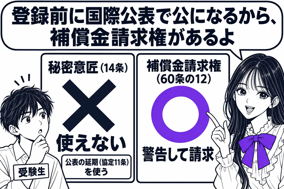 国際意匠登録出願には秘密意匠が使えず公表は協定の延期で遅らせ、国際公表後の警告による補償金請求権がある
