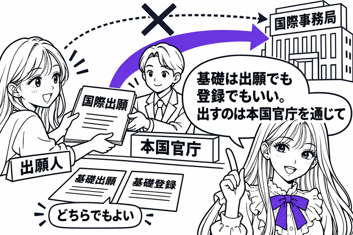 国際出願は基礎出願か基礎登録をもとに、本国官庁を通じて国際事務局に出し、直接は出せない