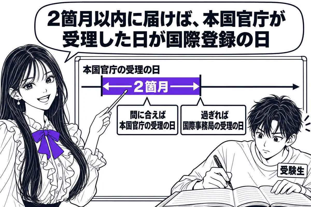 本国官庁の受理の日から2箇月以内に国際事務局が受理すれば、本国官庁が受理した日が国際登録の日になる