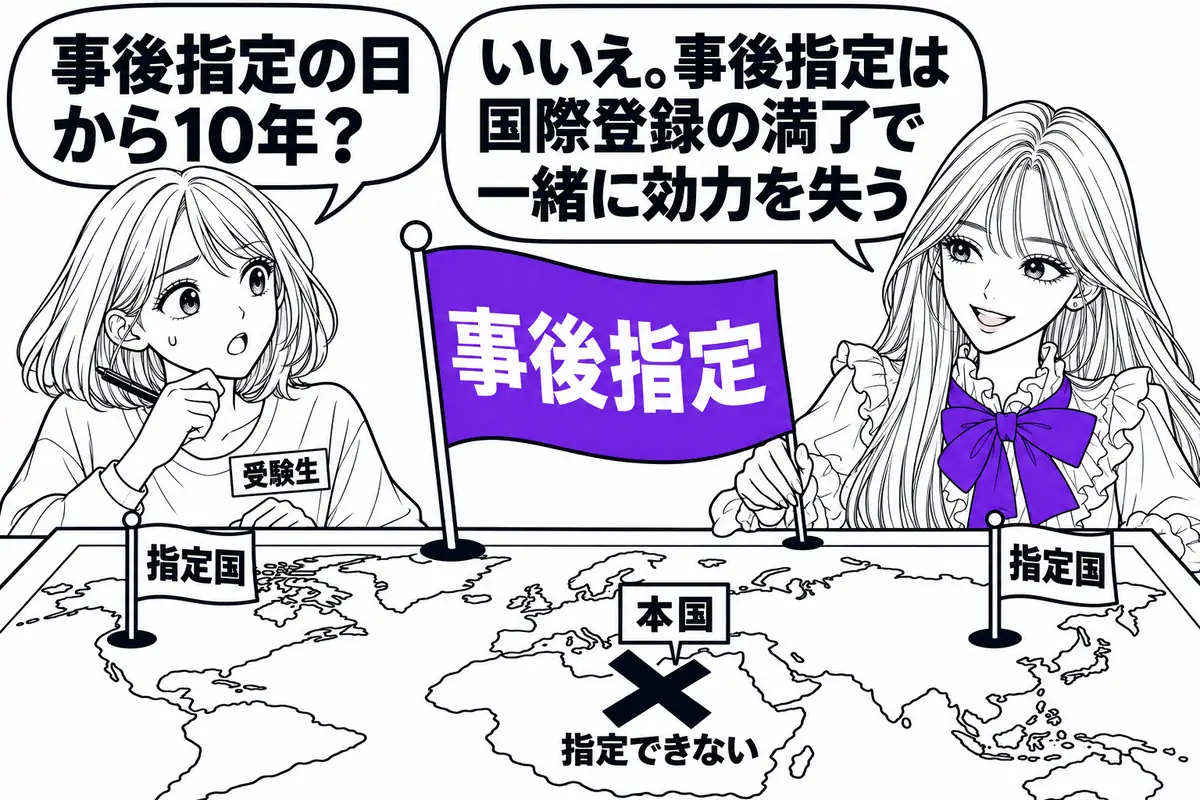 本国官庁の締約国は指定できず、事後指定は記録の日から効力を生じて国際登録の存続期間の満了で効力を失う