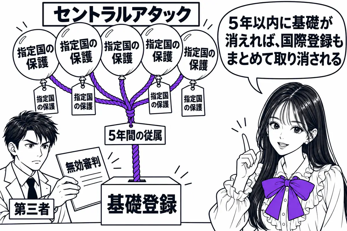 国際登録の日から5年間は基礎に従属し、その間に基礎が消えると国際登録もまとめて取り消される
