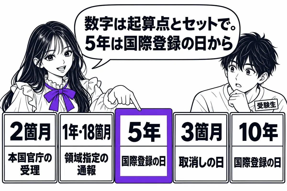 マドプロの期間の数字は、2箇月・1年・18箇月・5年・3箇月・10年をそれぞれの起算点とセットで覚える