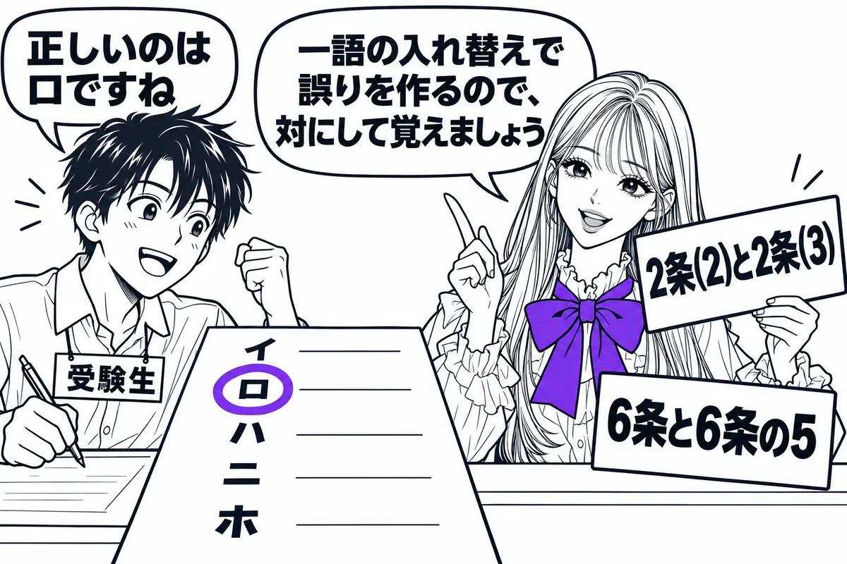 枝は条文の一語の入れ替えで作られるので、2条(2)と2条(3)、6条と6条の5を対で覚える