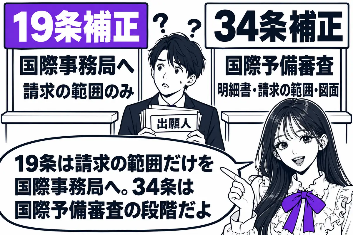 19条補正は請求の範囲のみを国際事務局に対して、34条補正は国際予備審査の段階で明細書・請求の範囲・図面を補正する