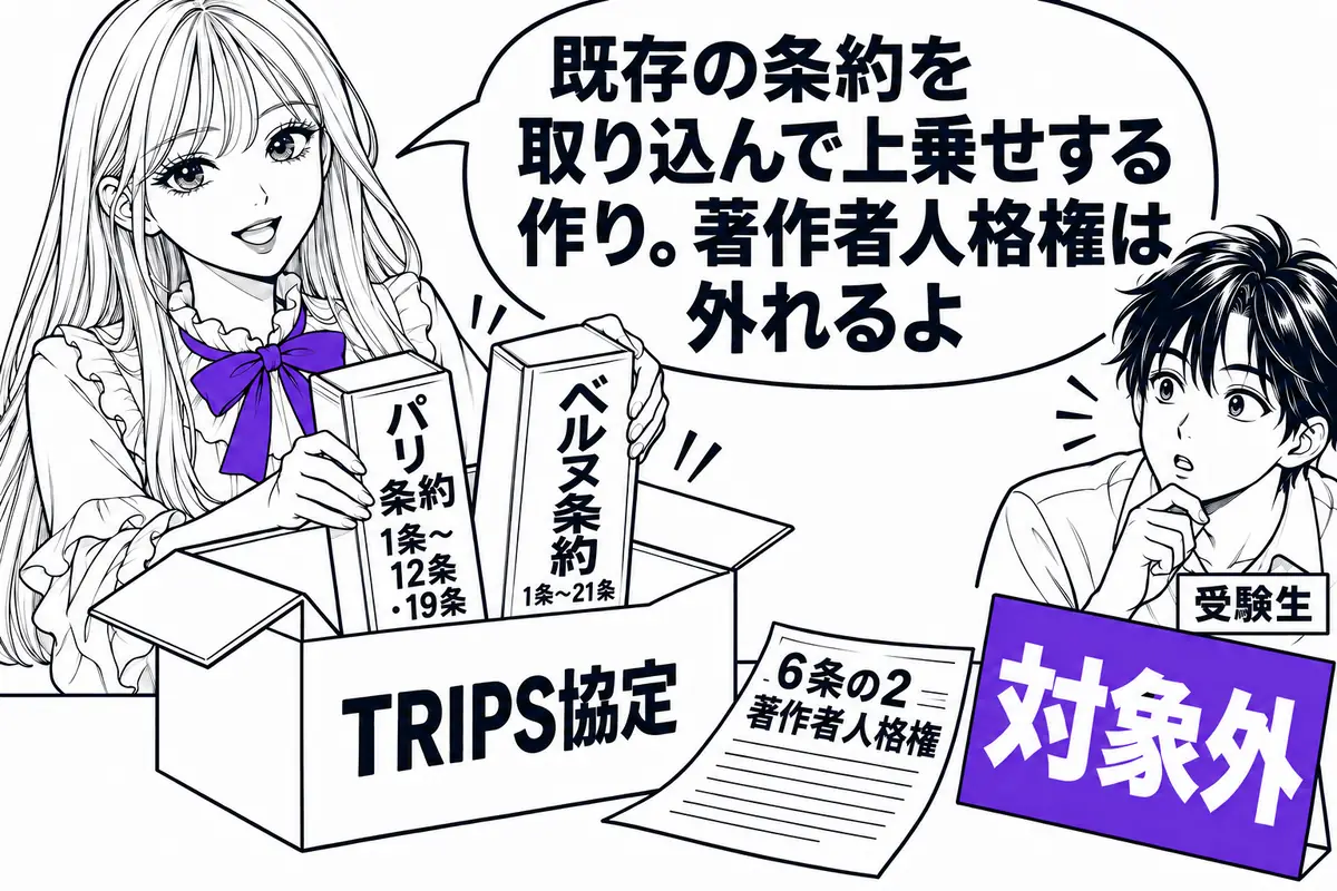 TRIPS協定はパリ条約1条〜12条・19条とベルヌ条約1条〜21条を取り込むが、ベルヌ条約6条の2の著作者人格権は対象外
