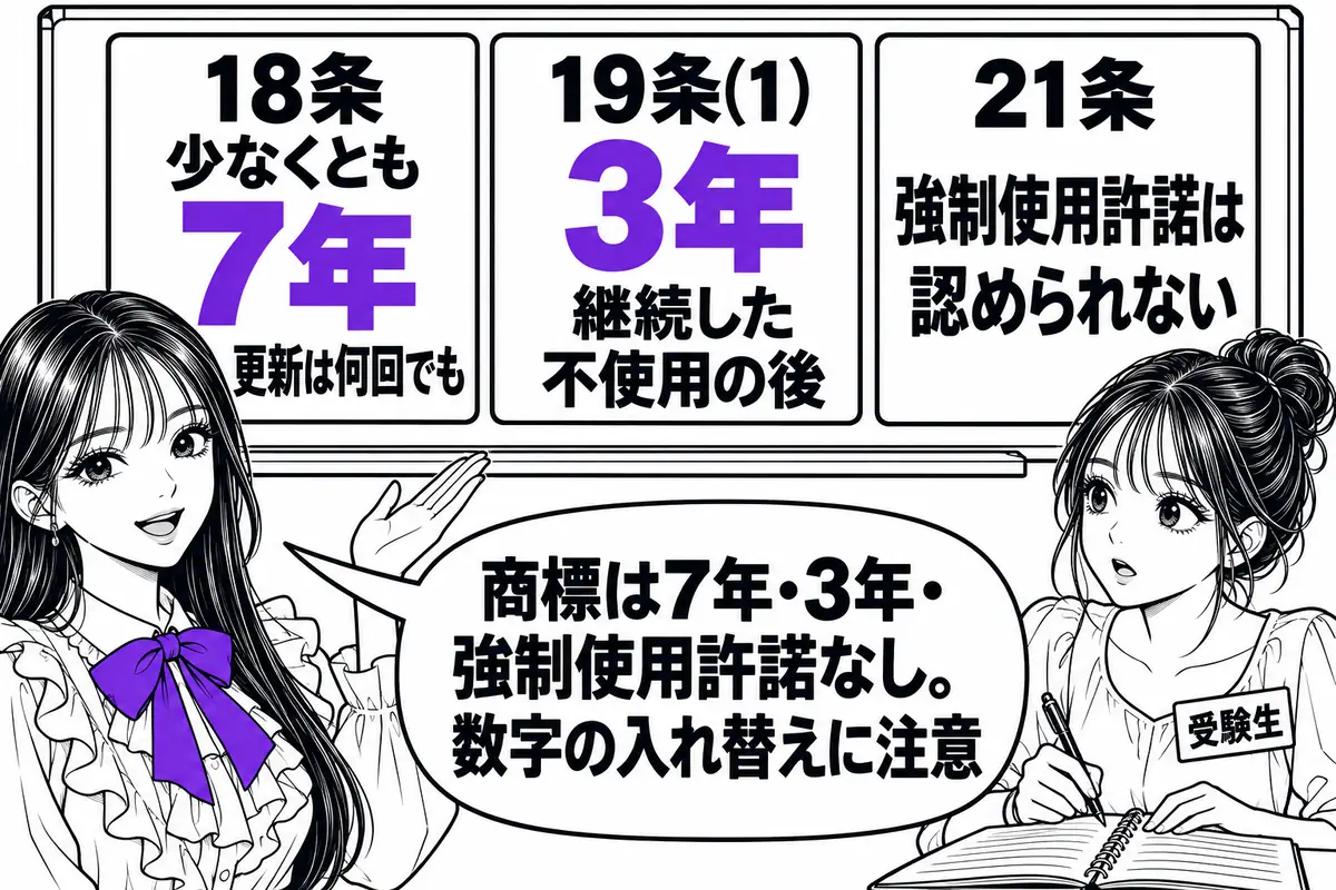 商標の登録と更新の存続期間は少なくとも7年で、不使用取消は3年継続した後、強制使用許諾は認められない