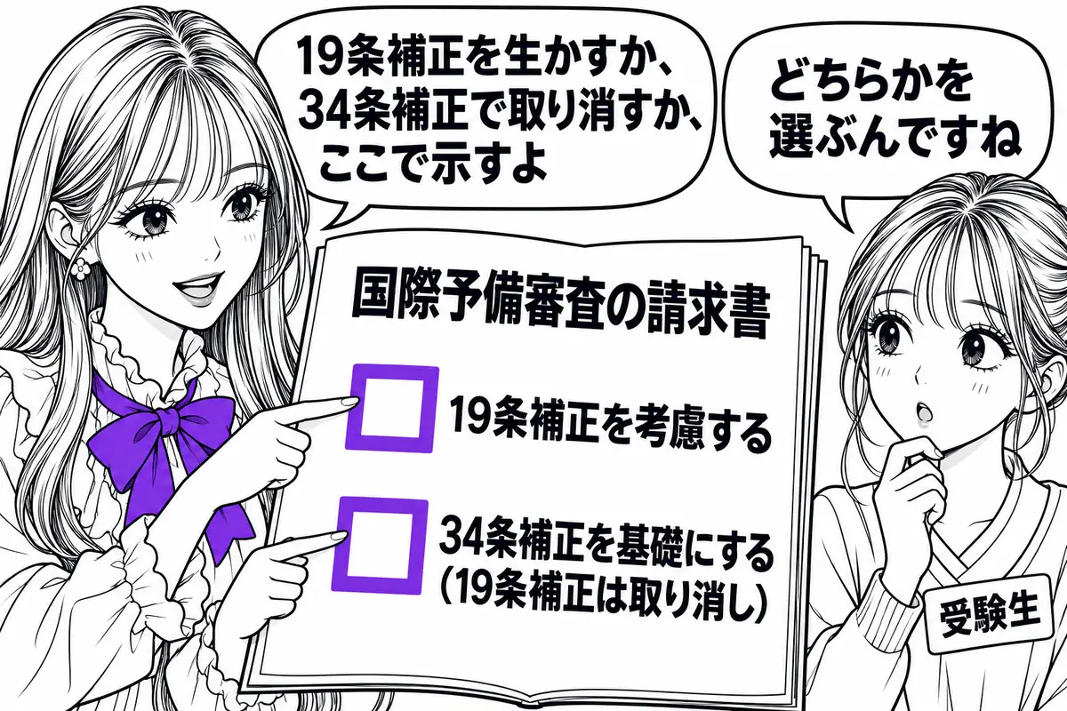 19条補正の後に予備審査を請求するときは、19条補正を考慮するか、34条補正で取り消すかを請求書で表示する