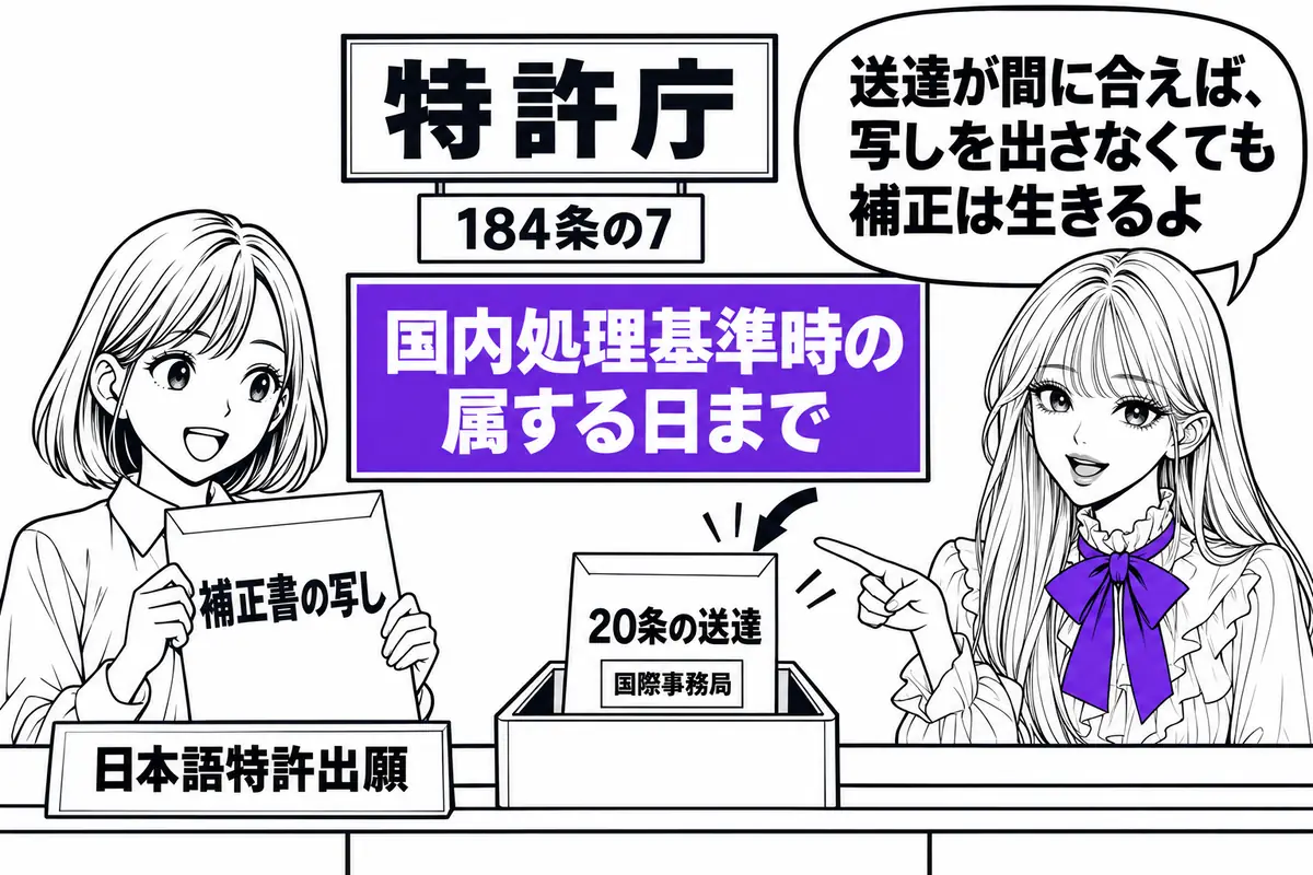 日本語特許出願の19条補正は国内処理基準時の属する日までに写しを出すが、国際事務局からの送達が間に合えば補正は生きる