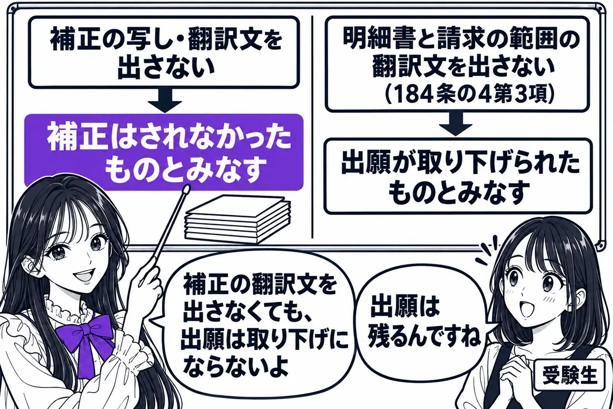 補正の写しや翻訳文を出さなければ補正がされなかったものとみなされるだけで、出願が取り下げられたものとはみなされない