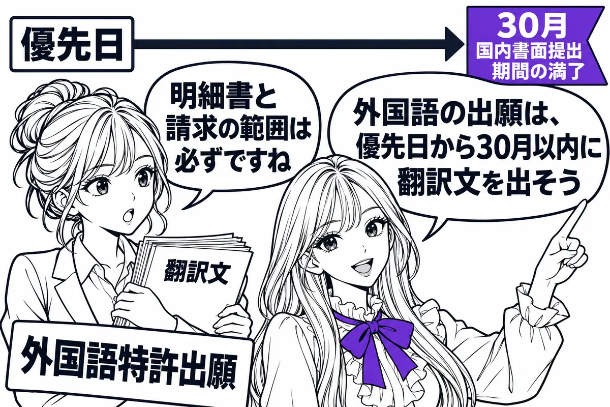 外国語特許出願は、優先日から30月の国内書面提出期間内に明細書などの日本語の翻訳文を出す