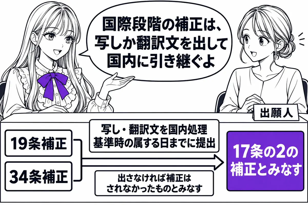 国際段階の19条補正・34条補正は、写しや翻訳文を国内処理基準時の属する日までに出すと17条の2の補正とみなされる