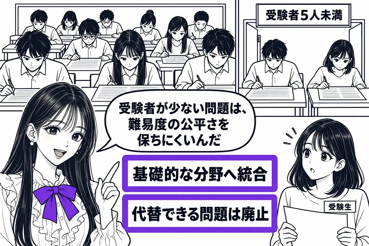 受験者が5人に満たない選択問題があり、選択問題の間で難易度の公平性を保つのが難しかった