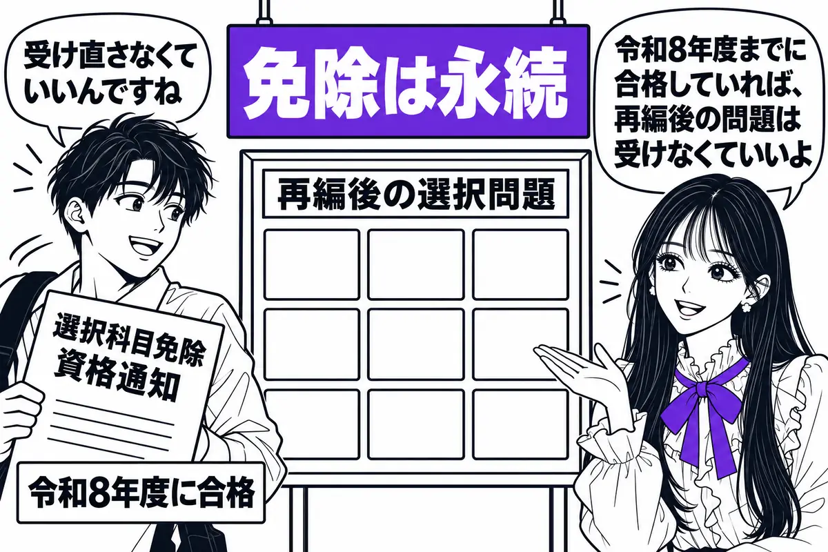 令和8年度までに選択科目に合格した人の免除は、令和9年度以降も続く