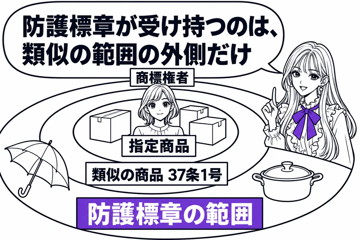 防護標章登録を受けられるのは指定商品とこれに類似する商品の外側だけで、類似の範囲は37条1号の禁止権が受け持つ