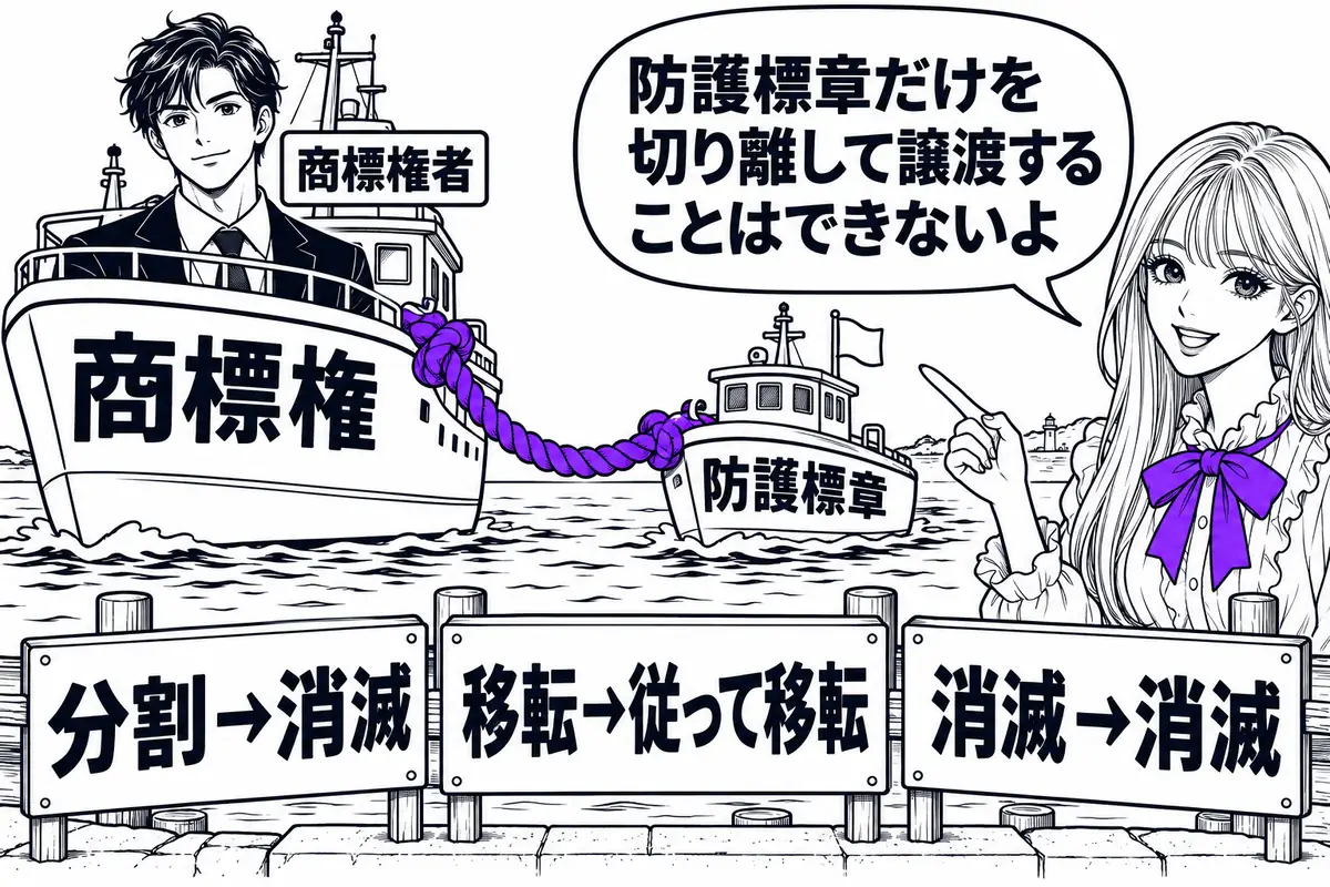 防護標章登録に基づく権利は原商標権に従い、商標権の分割で消滅し、移転に従って移転し、消滅で消滅する