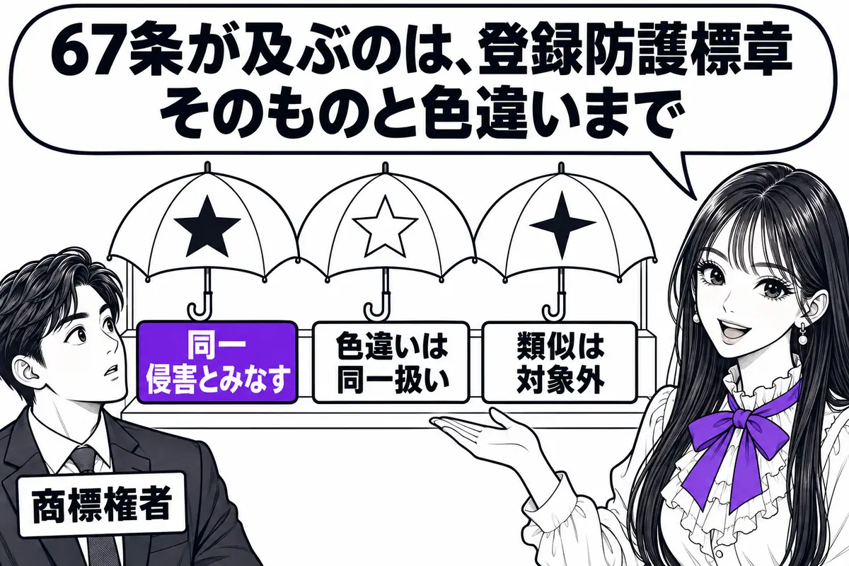 登録防護標章の使用は商標権の侵害とみなされるが、類似する標章の使用は含まない（色違いは同一として扱う）
